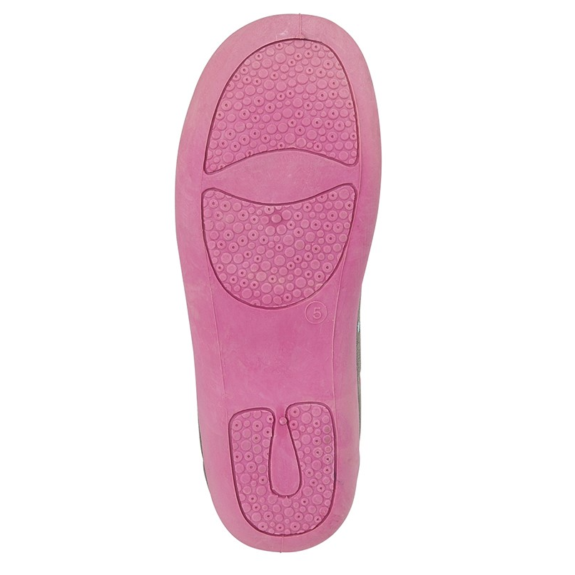 Pink rubber slipper sole with textured grip and circular tread pattern, size 5