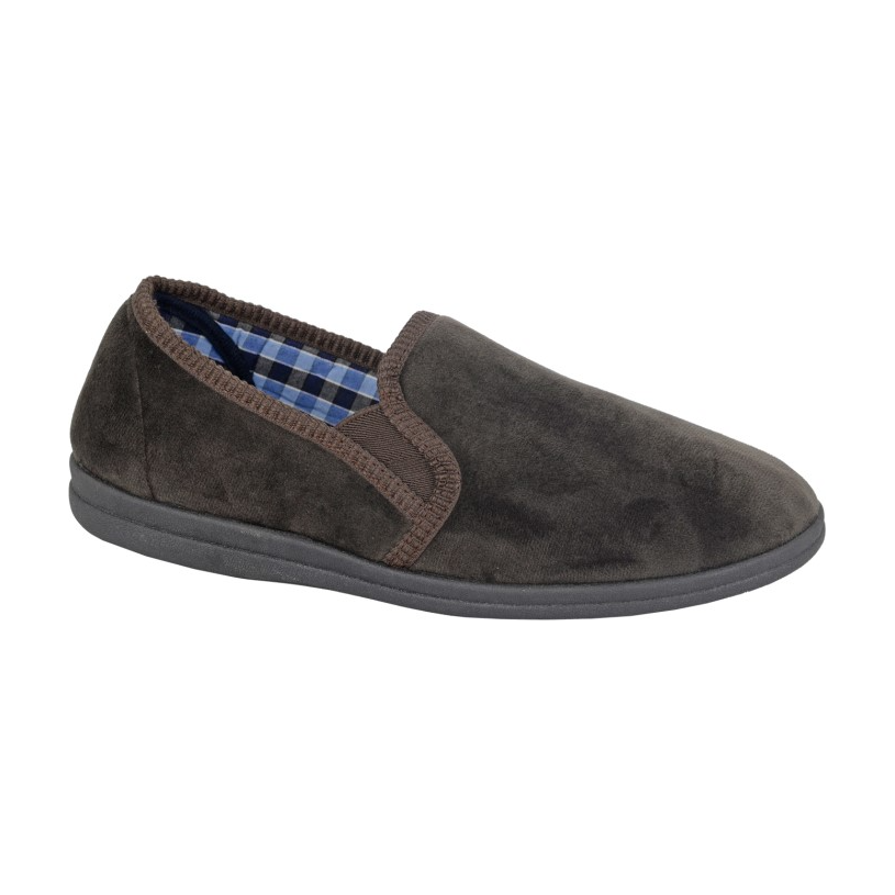 Men's brown suede slipper with black sole and blue checked lining, indoor footwear