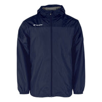 Navy blue Stanno waterproof jacket with hood and zip front, long sleeves, lightweight design
