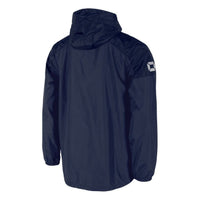 Navy blue hooded jacket with logo on sleeve, lightweight windbreaker back view