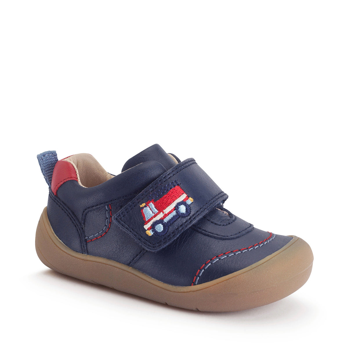 Start-Rite Harvest boys' navy leather first shoes with fire engine motif