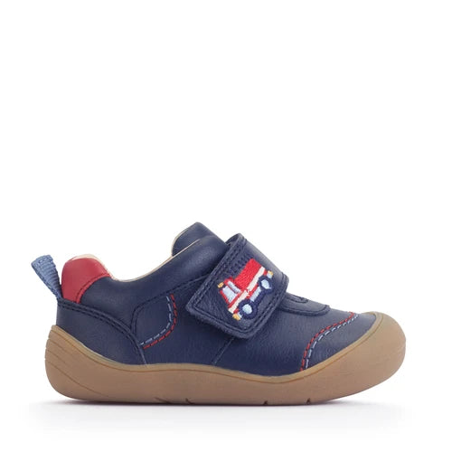 Start-Rite Harvest boys' navy leather first shoes with fire engine motif