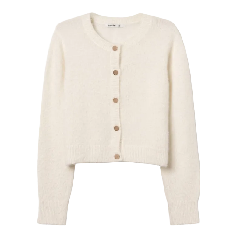 Tiffosi women's Nodos cream fluffy knit cropped cardigan with gold-tone buttons