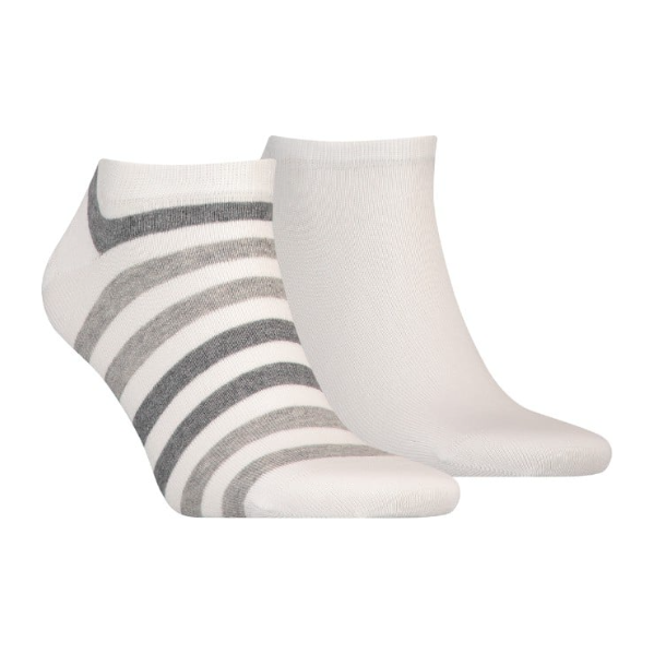 Pair of low cut ankle socks, one solid white, one with grey and white stripes