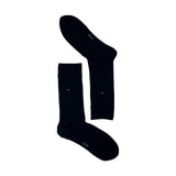 Pair of navy crew socks with small flag logo and size detail on white background