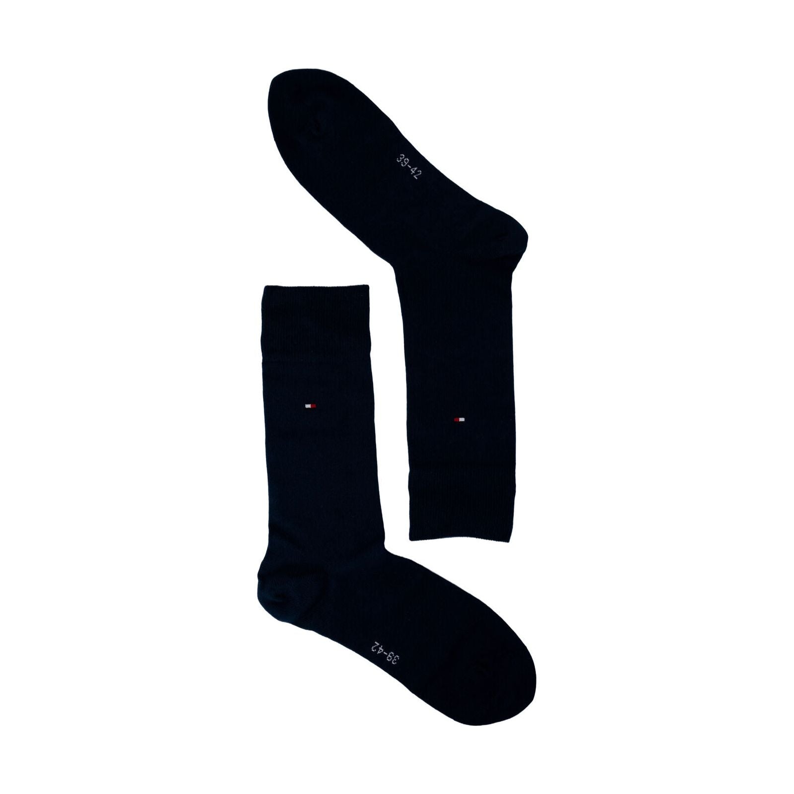 Pair of navy crew socks with small flag logo and size detail on white background
