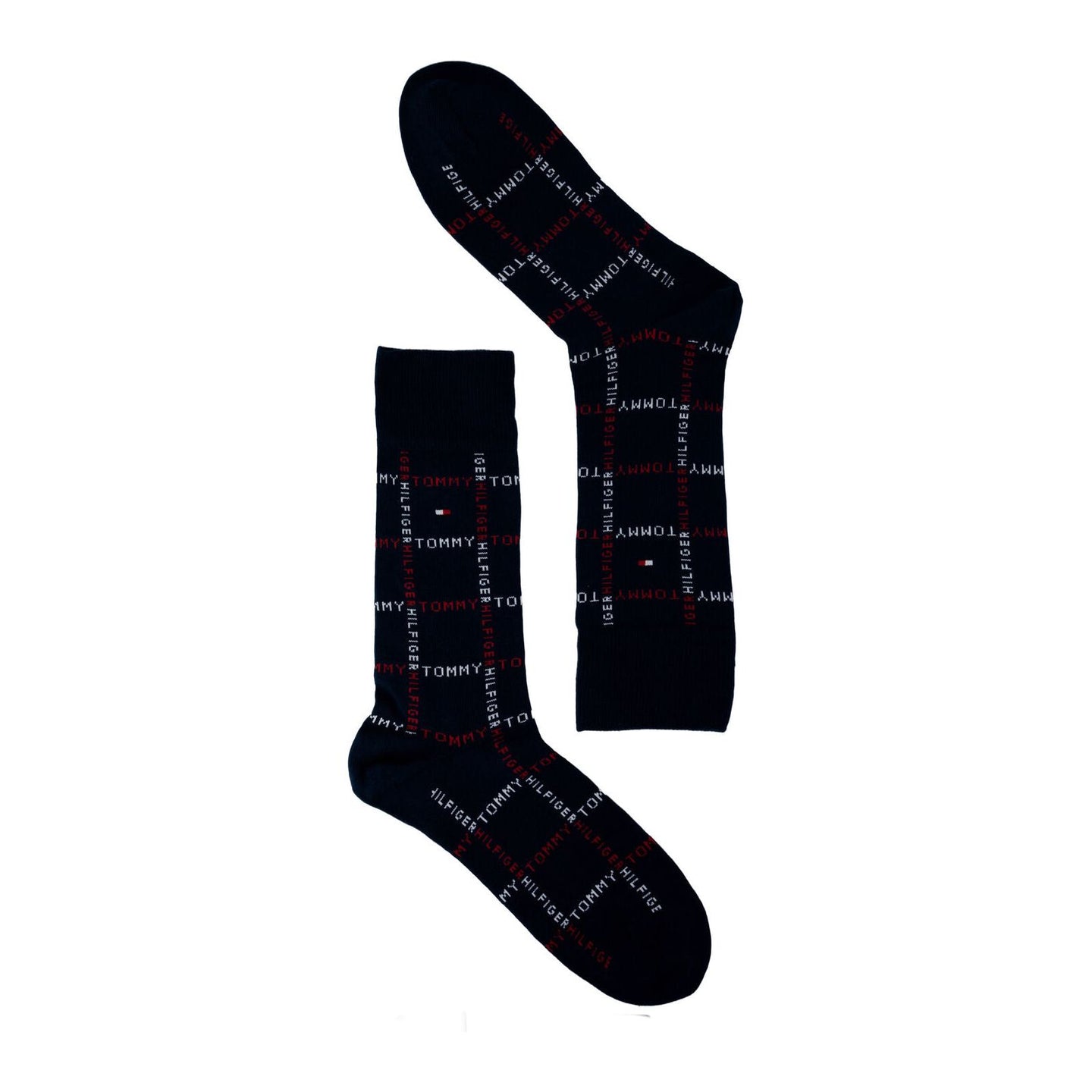 Pair of navy crew socks with red and white all-over text pattern on white background