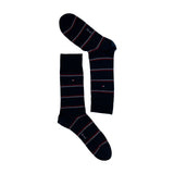 Pair of black crew socks with thin red and white stripes and small logo detail