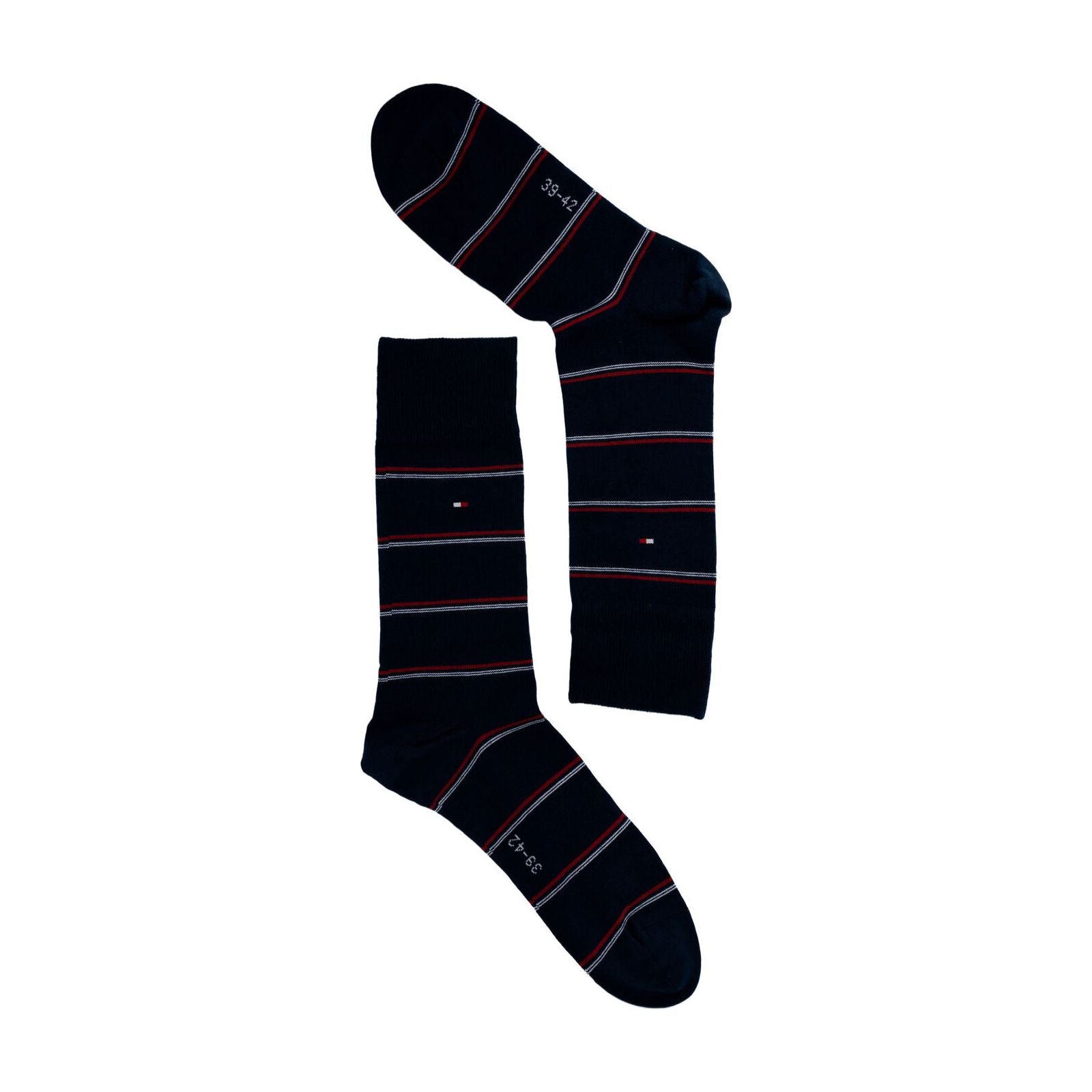 Pair of black crew socks with thin red and white stripes and small logo detail