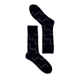 Black crew socks with red and white logo pattern on plain background