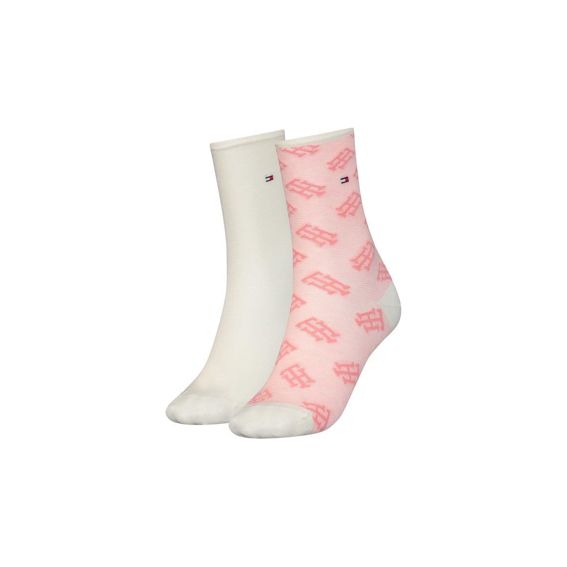Pair of ankle socks, one plain white and one with pink patterned logo print, on white background