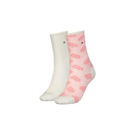 Pair of ankle socks, one plain white and one with pink patterned logo print, on white background