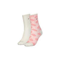 Pair of ankle socks, one plain white and one with pink patterned logo print, on white background