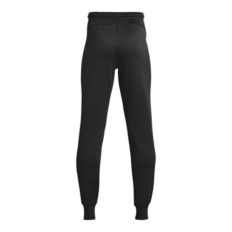 Back view of black athletic jogger pants with elastic waistband and cuffed ankles