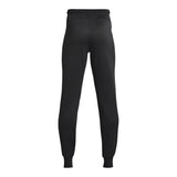 Back view of black athletic jogger pants with elastic waistband and cuffed ankles