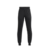 Black athletic jogger sweatpants with elastic waistband and cuffed ankles on white background
