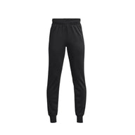 Black athletic jogger sweatpants with elastic waistband and cuffed ankles on white background
