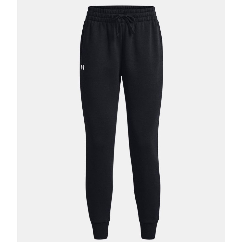 Black jogger sweatpants with elastic waistband, drawstring, and small logo on left thigh