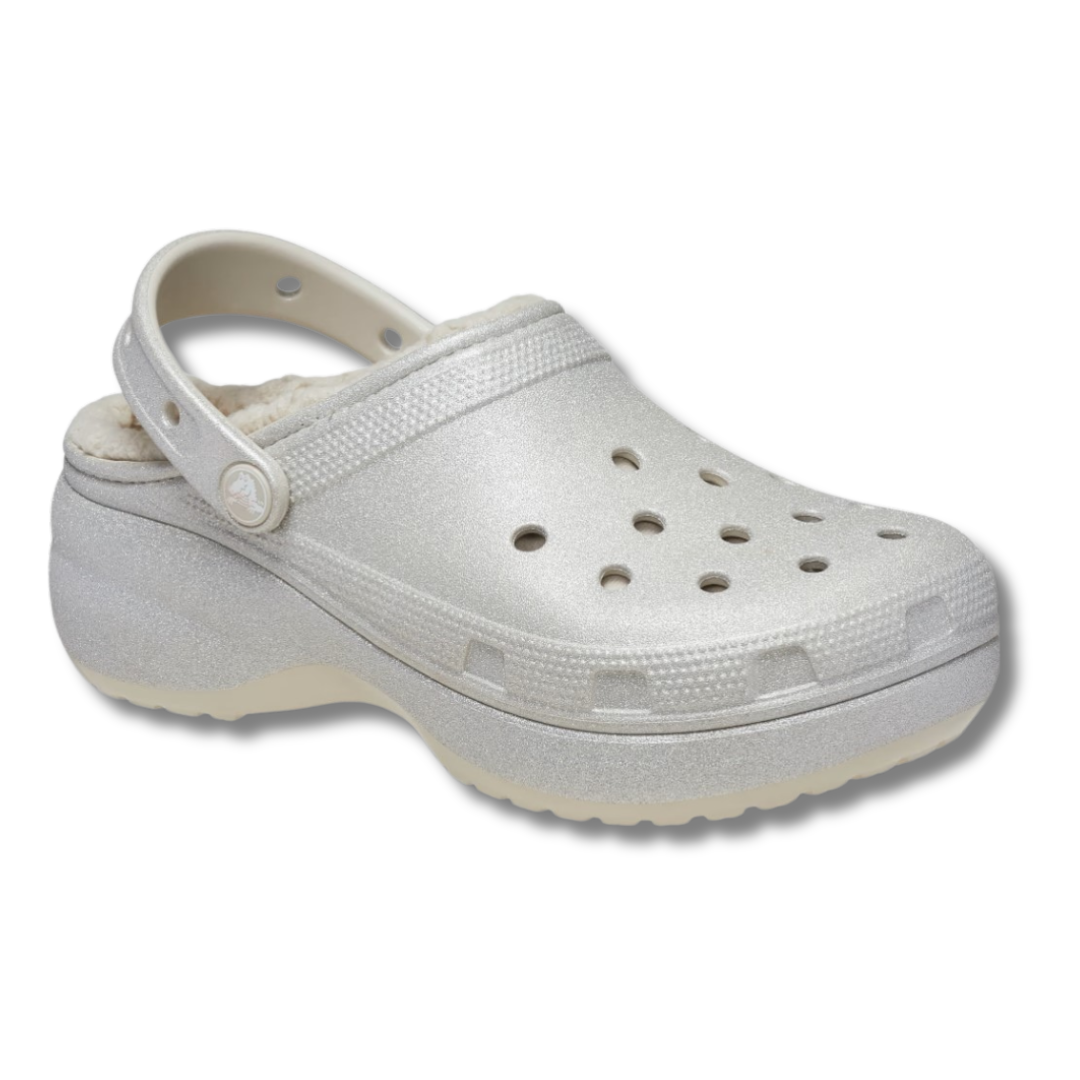 Crocs Womens Sandal Classic Platform Lined Clog Glitter Silver Donaghys