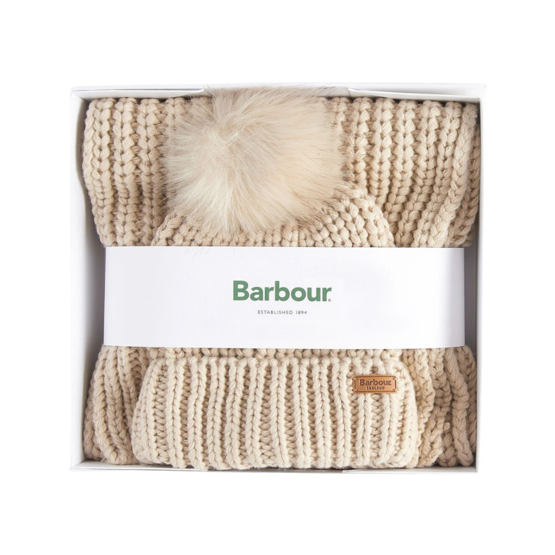Barbour Womens Beanie/Scarf Saltburn Gift Set Pearl