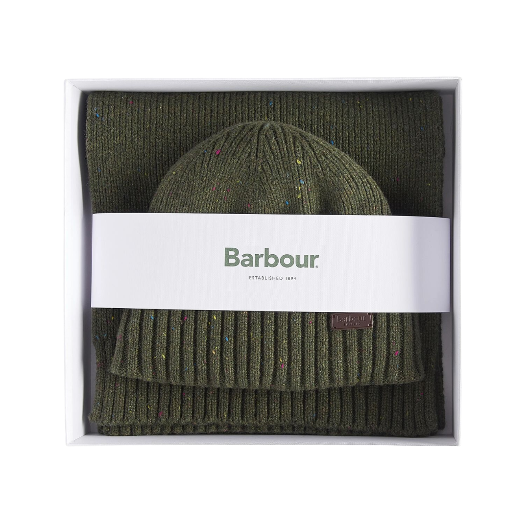 Barbour Mens Beanie/Scarf Carlton Fleck Gift Set Olive