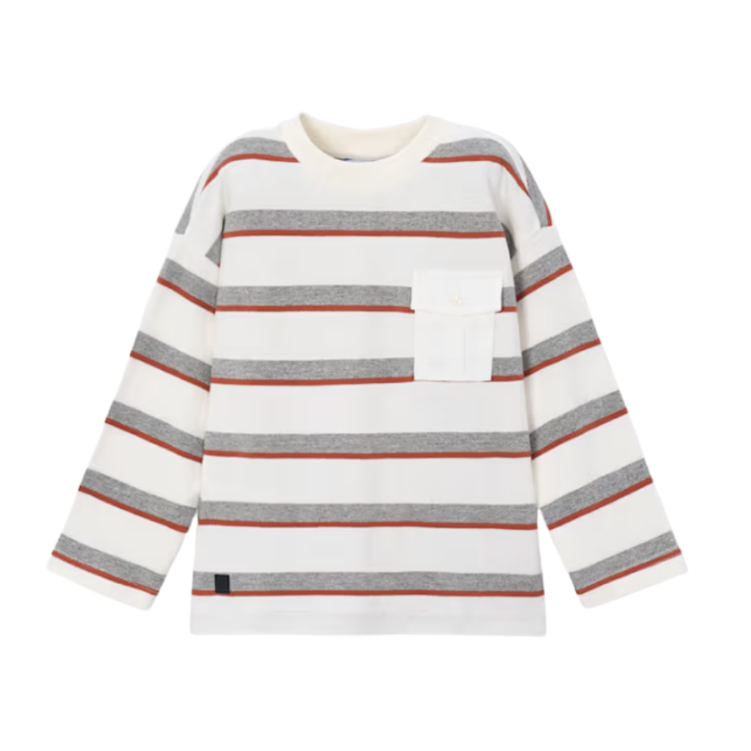 Mayoral boys' cream striped long sleeve T-shirt with chest pocket