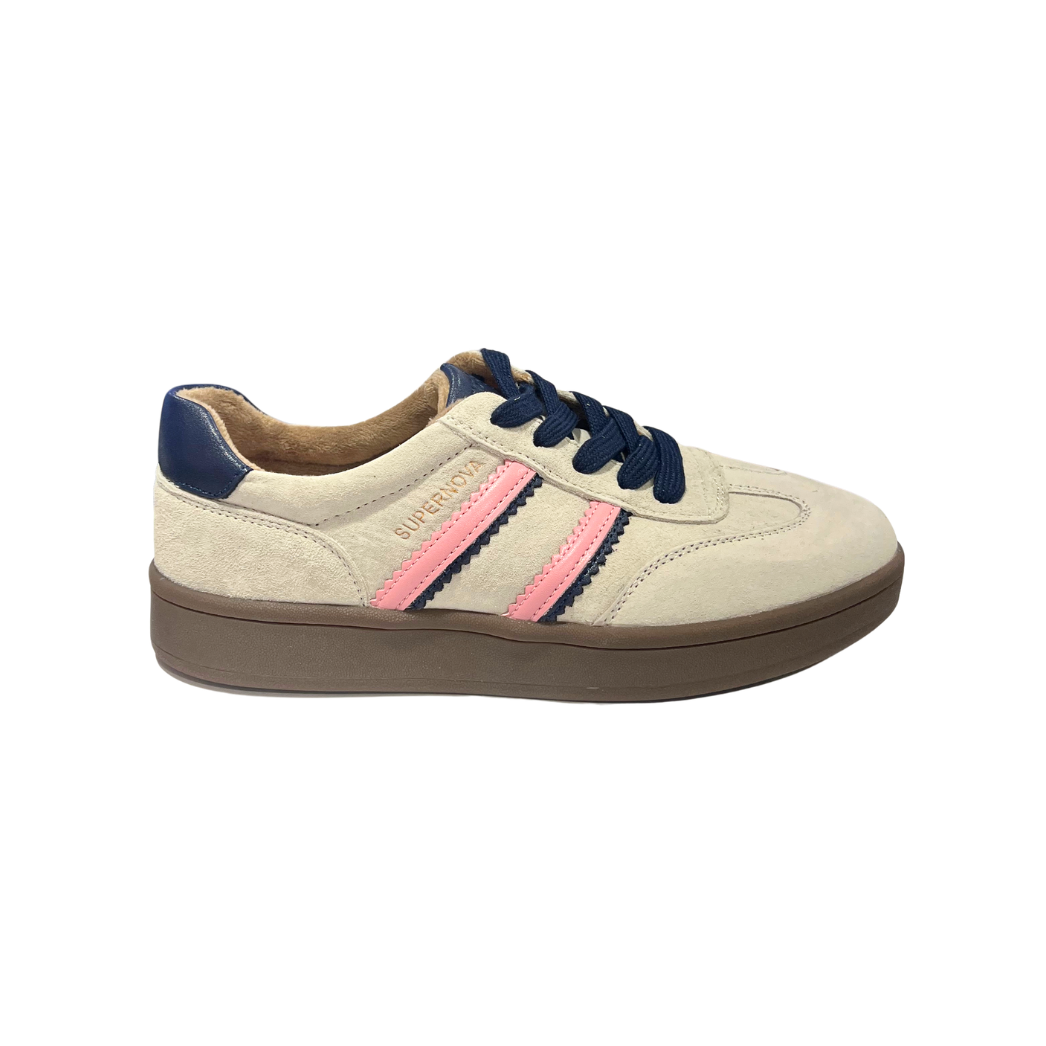 Drilleys Forty One women's cream trainers with pink and navy stripes