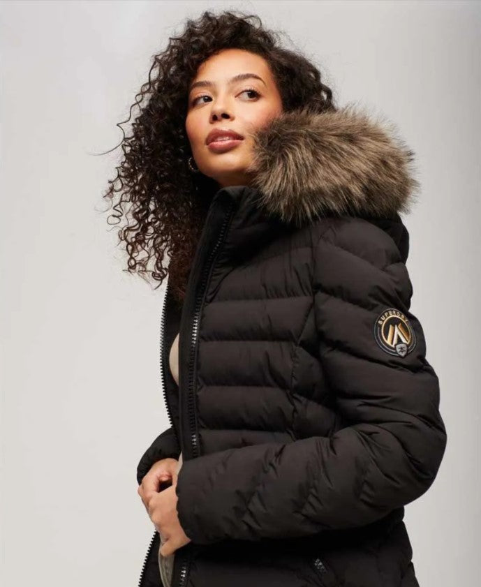 Superdry Womens Fuji Faux Fur Hood Mid Length Coat Black Donaghys