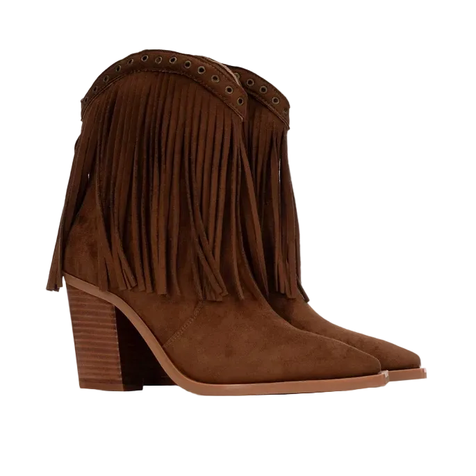 XTI women's camel suede-look fringed western ankle boots