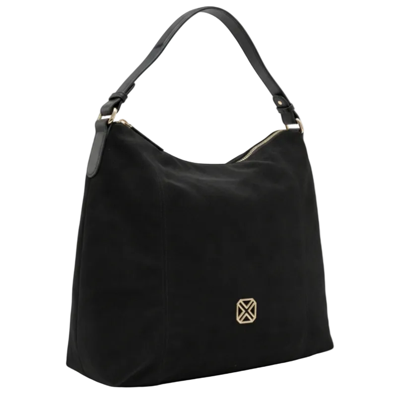 XTI women's black suede-effect shoulder bag with gold-tone detail