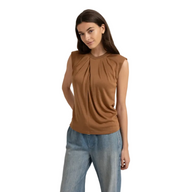 YAYA Womens Top Sleeveless Pleated Neckline Foxtrot Brown