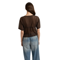 YAYA Womens Top Open-Knit Ajour Pattern Tie Details Delicioso Brown