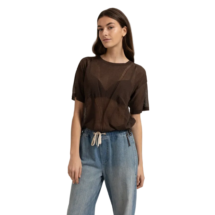 YAYA Womens Top Open-Knit Ajour Pattern Tie Details Delicioso Brown