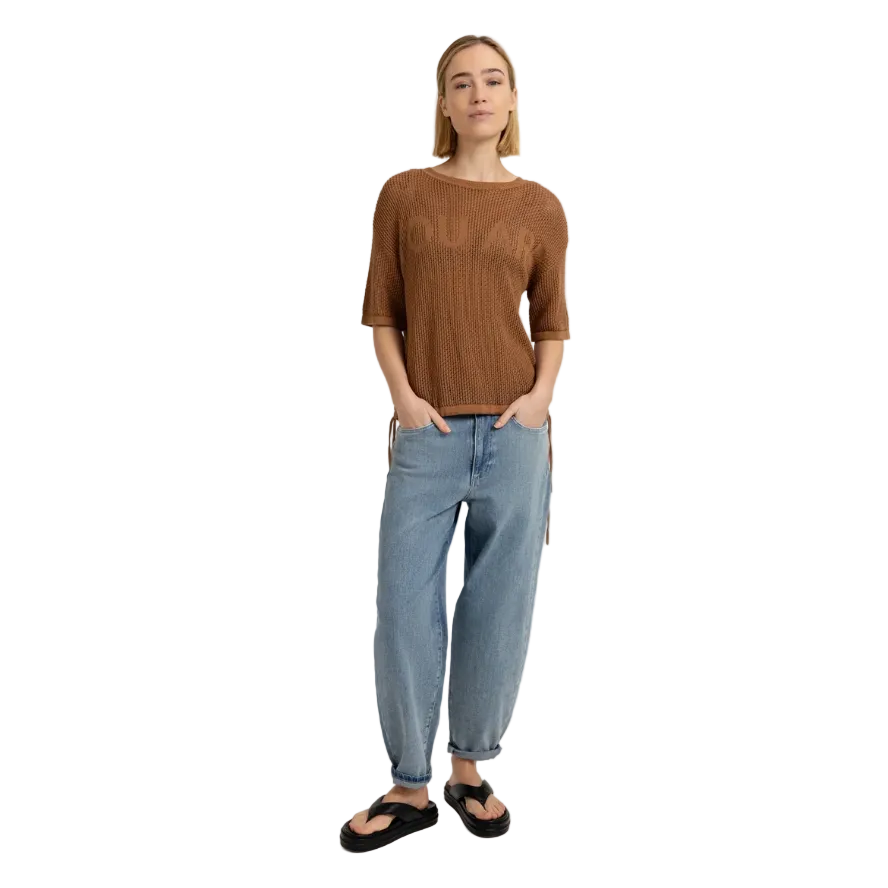 YAYA Womens Top Open-Knit Short Sleeves Artwork Foxtrot Brown
