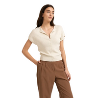 YAYA Womens Top Knitted Cardigan Short Sleeves Front Buttons Beige Melange