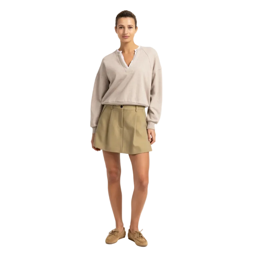 YAYA Womens Sweatshirt V-neck Woven Collar Pure Cashmere Grey Melange