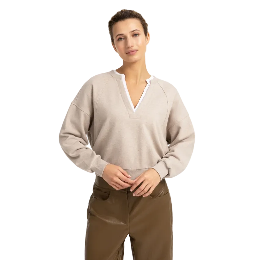 Yaya women's cashmere grey V-neck sweatshirt with woven collar