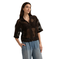 YAYA Womens Top Crochet Floral Pattern Short Sleeves Delicioso Brown