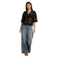 YAYA Womens Top Crochet Floral Pattern Short Sleeves Delicioso Brown