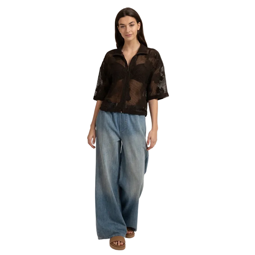 YAYA Womens Top Crochet Floral Pattern Short Sleeves Delicioso Brown
