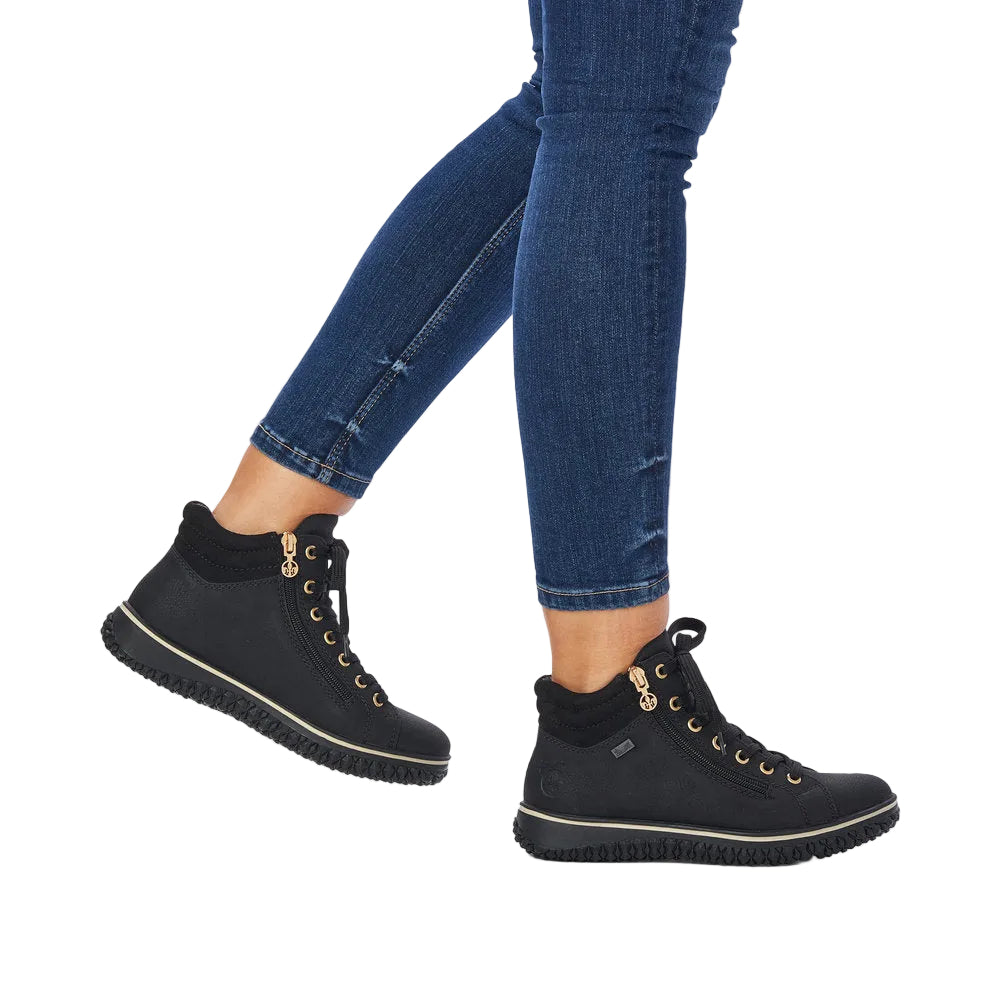 Rieker women's black lace-up ankle boot with side zip and gold-tone eyelets