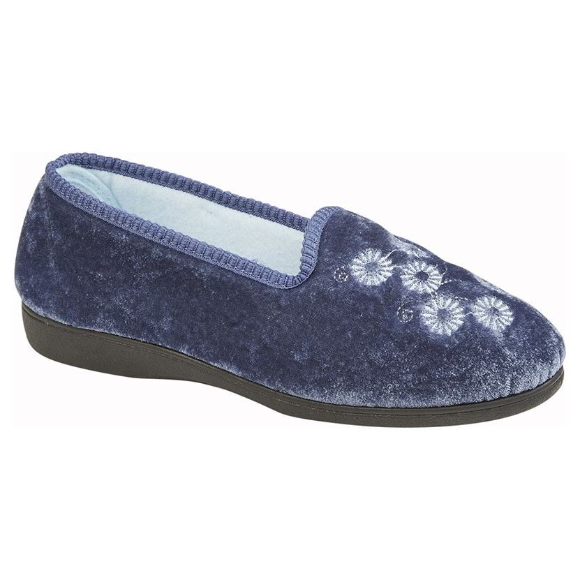 Blue women's slipper with floral embroidery and soft fabric upper on a black sole