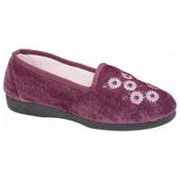 Purple ladies velvet slipper with floral embroidery and black sole