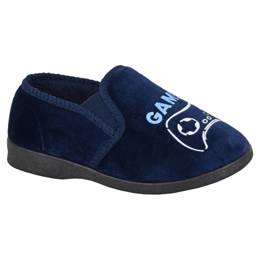 Navy blue kids gaming slipper with controller graphic and black rubber sole