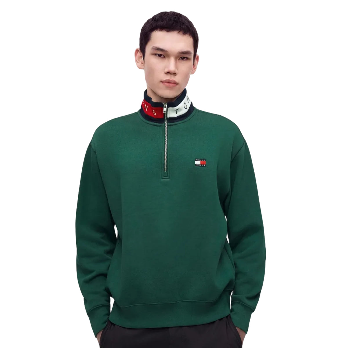 Tommy Jeans men's velvet green relaxed branded collar quarter-zip top