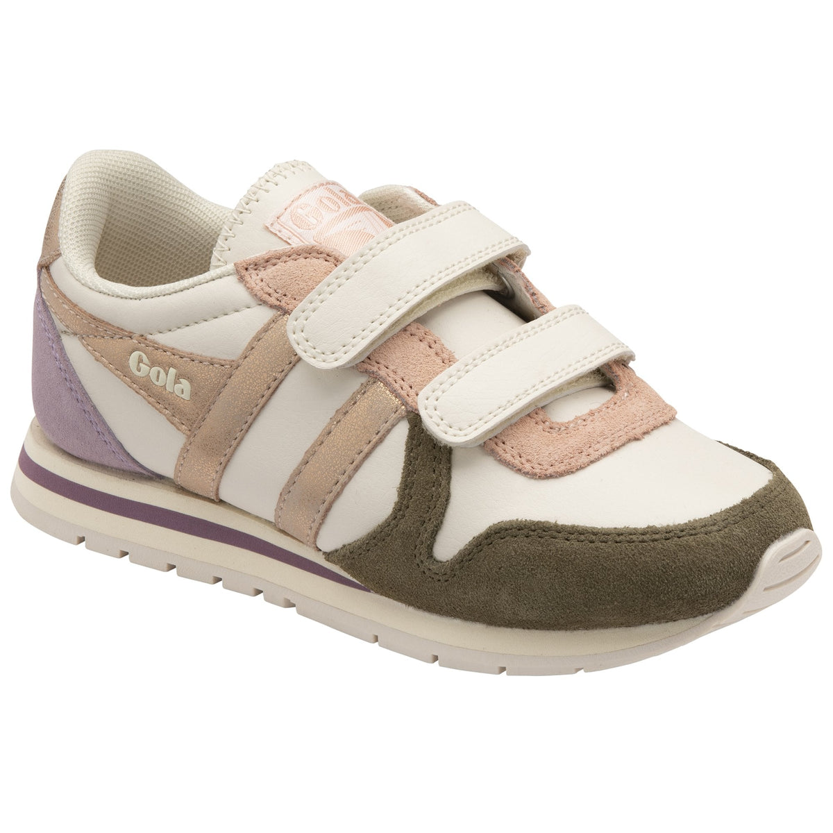 Gola Girls Trainer Dayton Quadrant Strap Off White Khaki Rose Gold Lil Donaghys