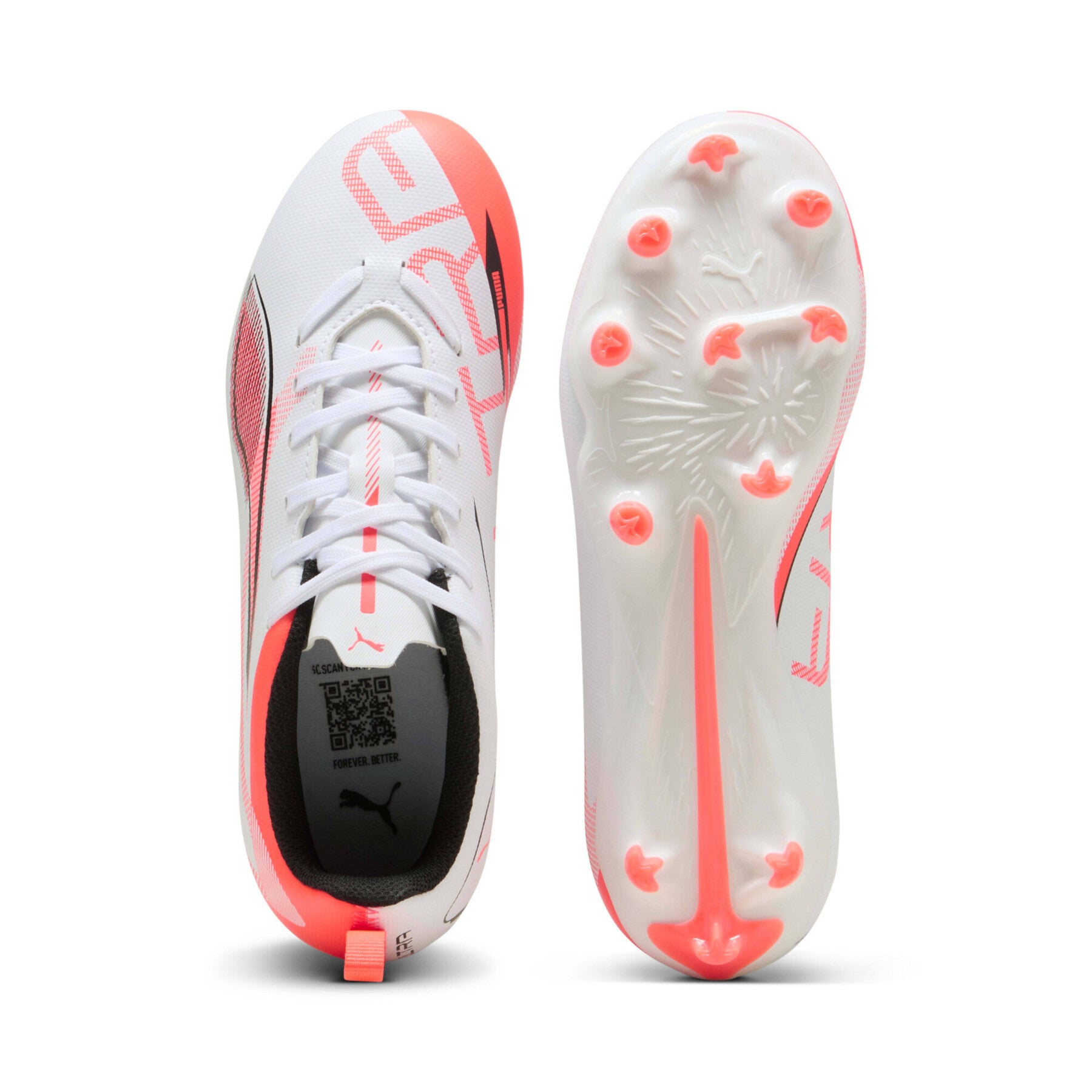 Puma Junior Unisex Football Boots Ultra 5 Play FG/AG White/Black/Glowing Red