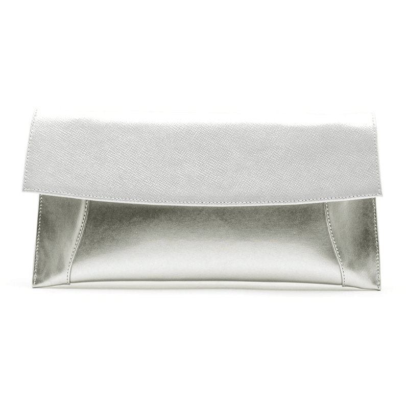 Bioeco women's silver leather and patent clutch bag with detachable strap