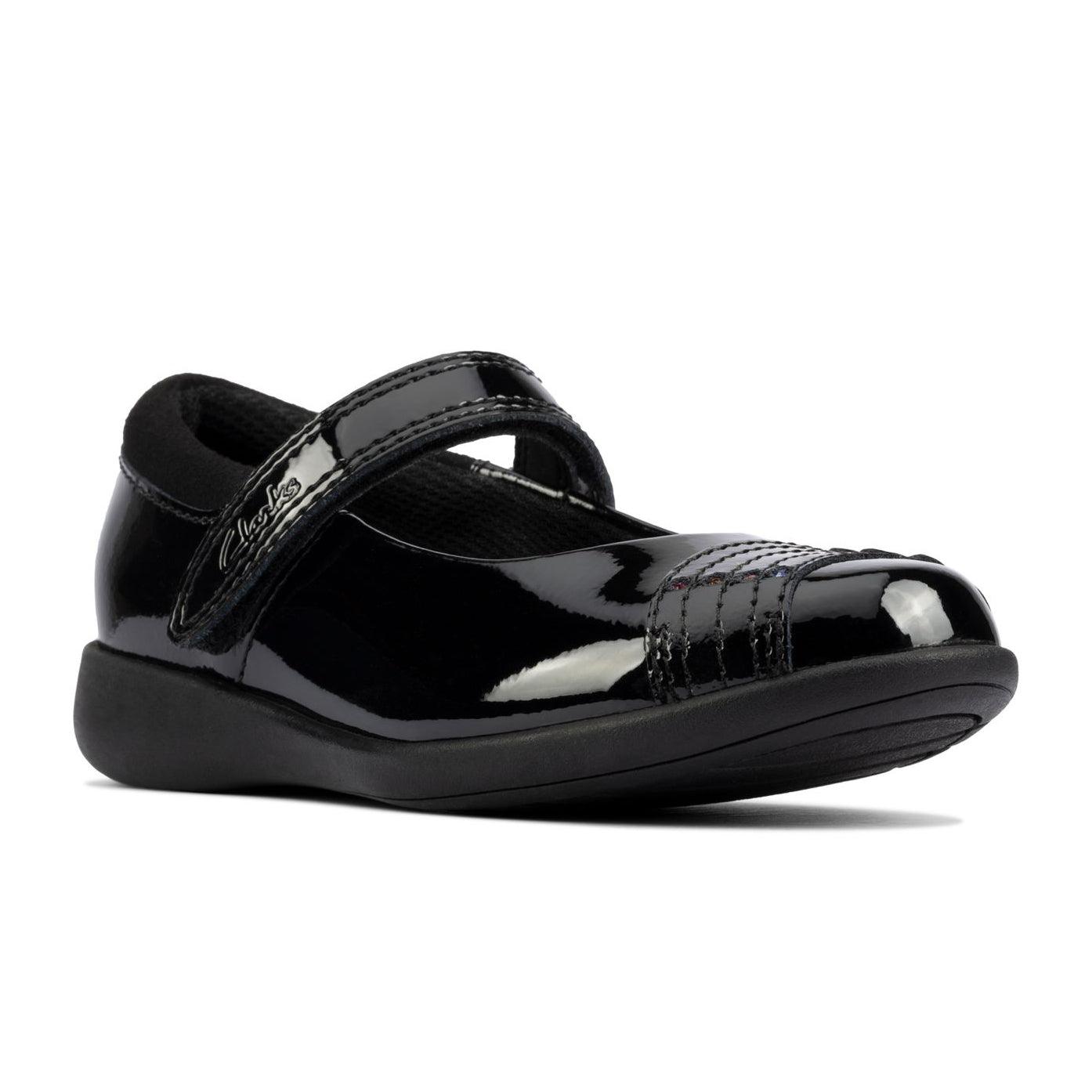 Clarks Girls School Shoe Etch Beam T Black Patent - Donaghys
