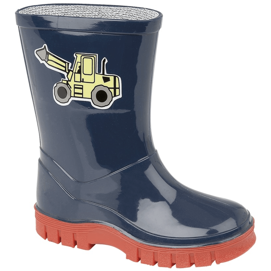 StormWells boys' navy and red wellington boots with tractor design